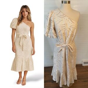 Gibson Latimer Cream Eyelet One-shoulder Fit & Flare Midi Dress Women Size Large